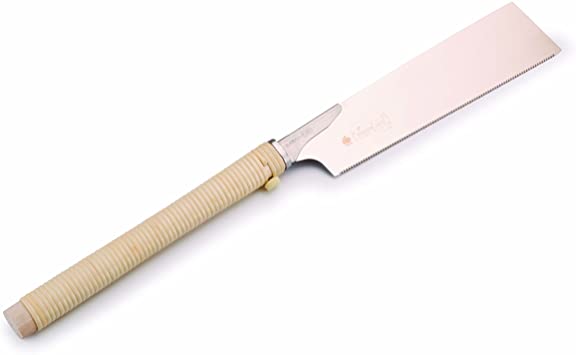 A Gyokucho Kataba Razorsaw 255 mm by BBT, with a straight blade and ribbed handle, is elegantly displayed against a plain background, perfect for precise crosscuts in hardwood.