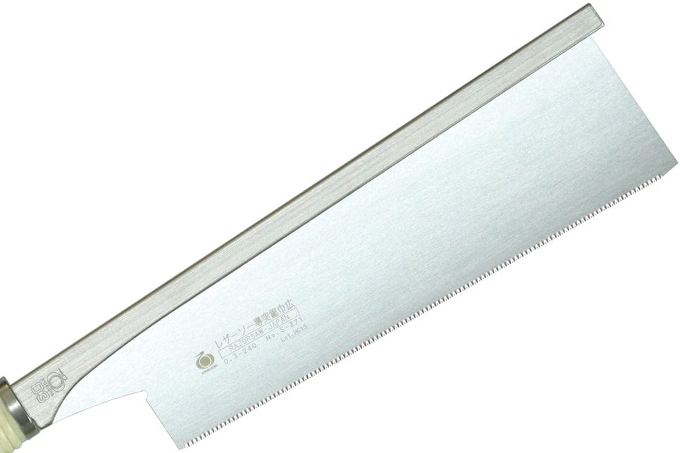 Image of the BBT Razorsaw 240 for Detail Work, featuring a straight blade with fine teeth, commonly used for precision woodworking cuts. Ideal for bamboo crafts, its handle is partially visible.