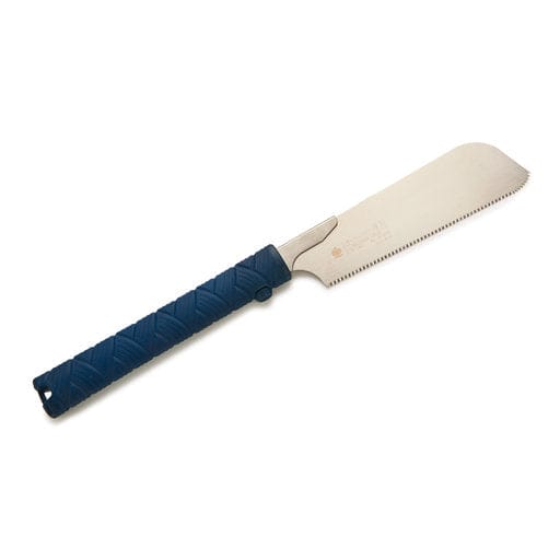 The BBT Gyokucho Panel Cutting Razorsaw 180 mm is a Japanese hand saw with a blue wrapped handle and a straight blade featuring durable, fine teeth, ideal for precise cuts.