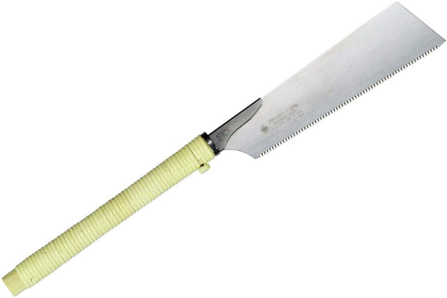 A Japanese BBT SAW GYO FINE CROSSCUT 240 MM with a straight blade of ideal thickness and a ribbed yellow handle.