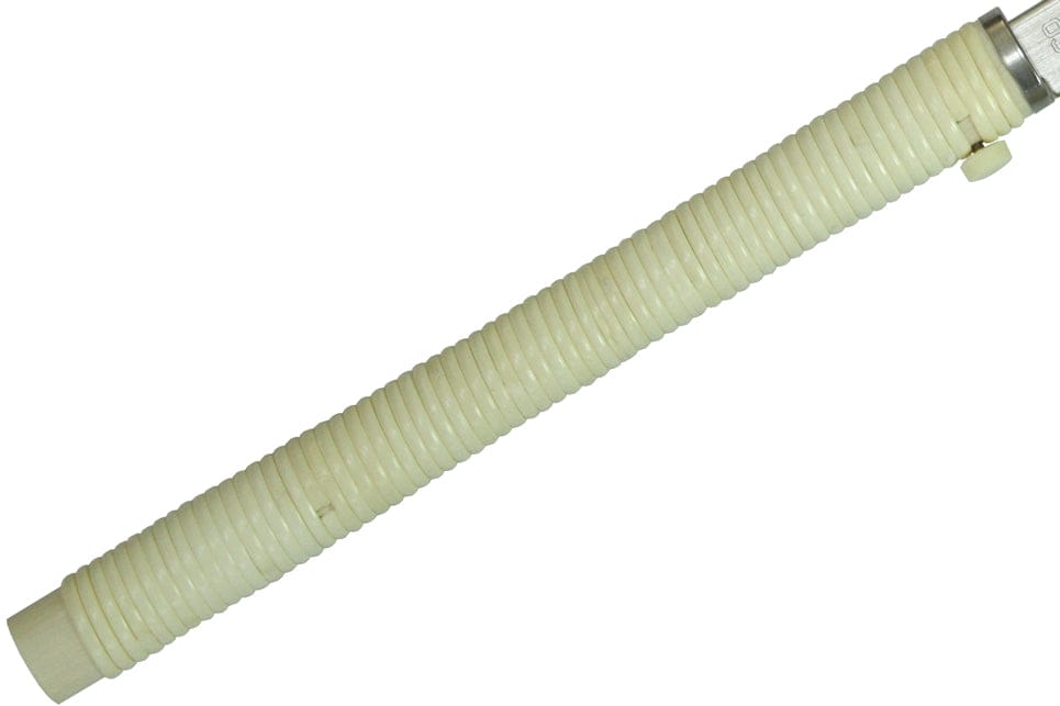 The Razorsaw 240 For Detail Work by BBT resembles an off-white, flexible plastic tube with ridges along its length, commonly used for transporting fluid or air in appliances or machinery, and is reminiscent of the intricate designs seen in bamboo crafts.