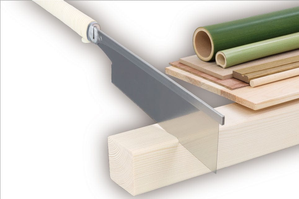 The BBT Razorsaw 240 For Detail Work effortlessly slices through a wooden block amidst stacked wood and bamboo sheets, showcasing precision in woodworking and bamboo crafts.