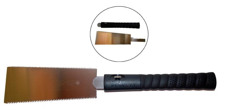 A saw with a black ribbed handle and a straight-edged, serrated blade. An inset shows the BBT Ryoba 180 Razorsaw's dual-purpose blade separated from the handle.