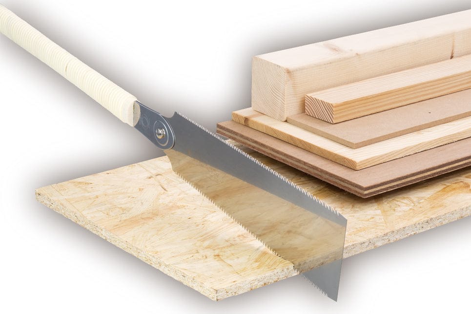 The RYOBA BLUE HARD by BBT sits on wooden boards and plywood, with its rip cut teeth partially slicing through oriented strand board, demonstrating crucial woodworking precision.