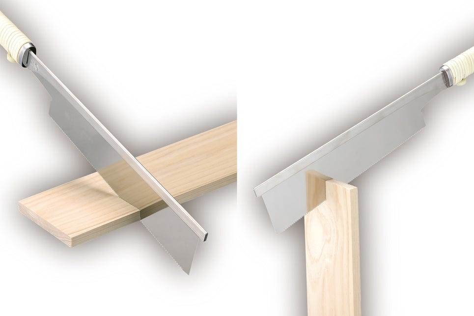 The BBT Rip Cutting Razorsaw Dozuki is shown from two angles expertly cutting wood, highlighting its precision woodworking capabilities and sharp rip cut teeth.