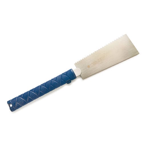 The Ryoba 180 Razorsaw by BBT is a versatile hand saw featuring a blue handle and a rectangular serrated blade, designed with a dual-purpose blade similar to the revered Japanese Ryoba style.