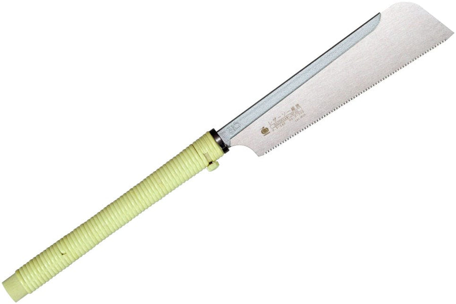 The BBT Tatebiki Noko Rip Cut Razorsaw is a Japanese pull saw featuring a straight yellow handle and a narrow, toothed blade designed for precision woodworking.