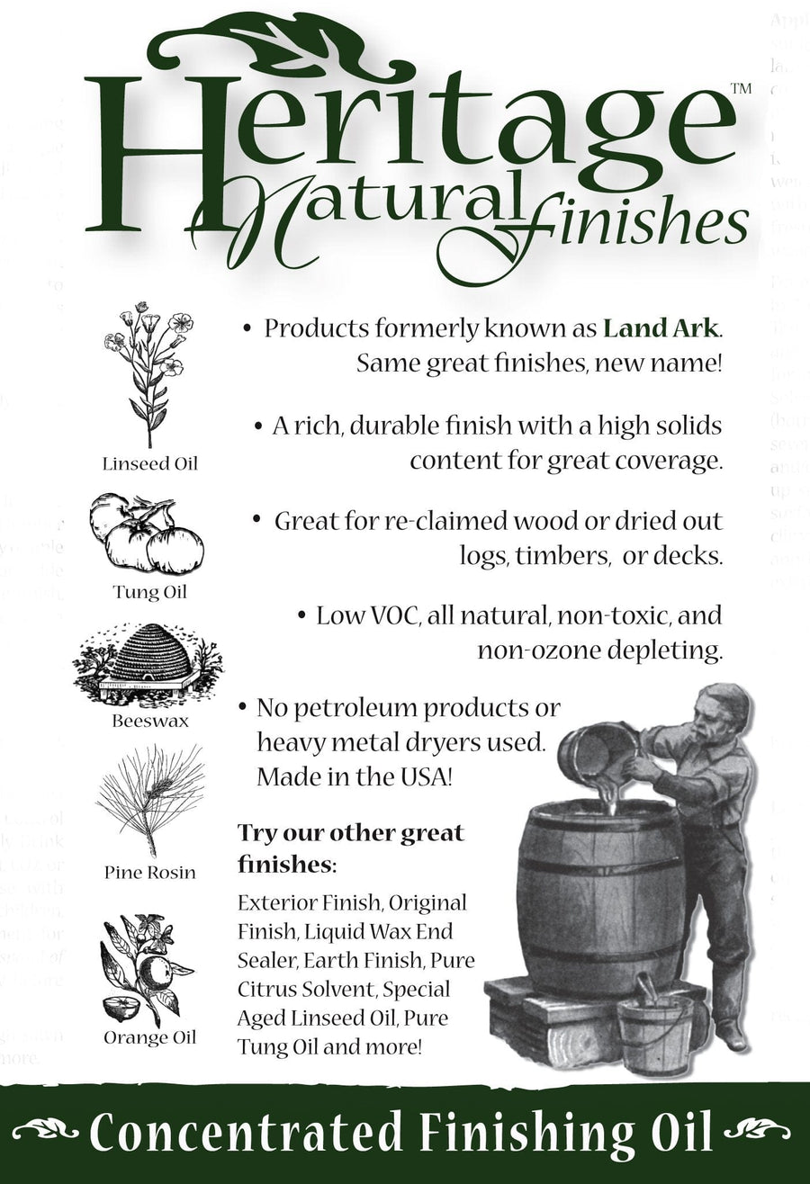 Promotional poster for HNF, highlighting features like natural ingredients, low VOC, non-toxic properties, and suitability for wood projects. Also promotes our Heritage Natural Finishes Concentrate and other furniture finishes perfect for reclaimed wood.