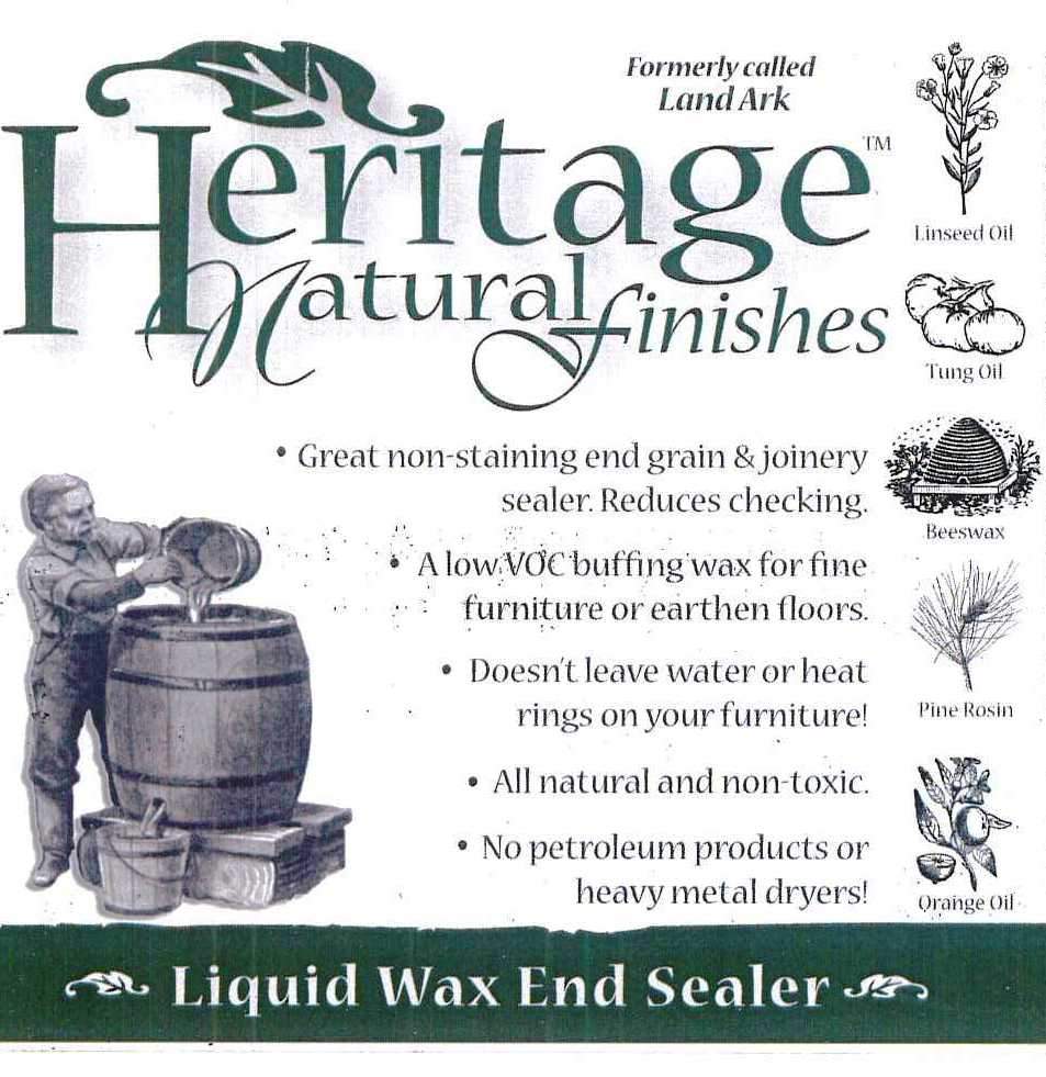 Label for HNF Heritage Natural Finishes Wax and End Grain Sealer, ideal for woodworking. It’s non-staining, low VOC, non-toxic without petroleum, and enhances durability when buffed. Perfect for sealing end grain with illustrations of natural ingredients.