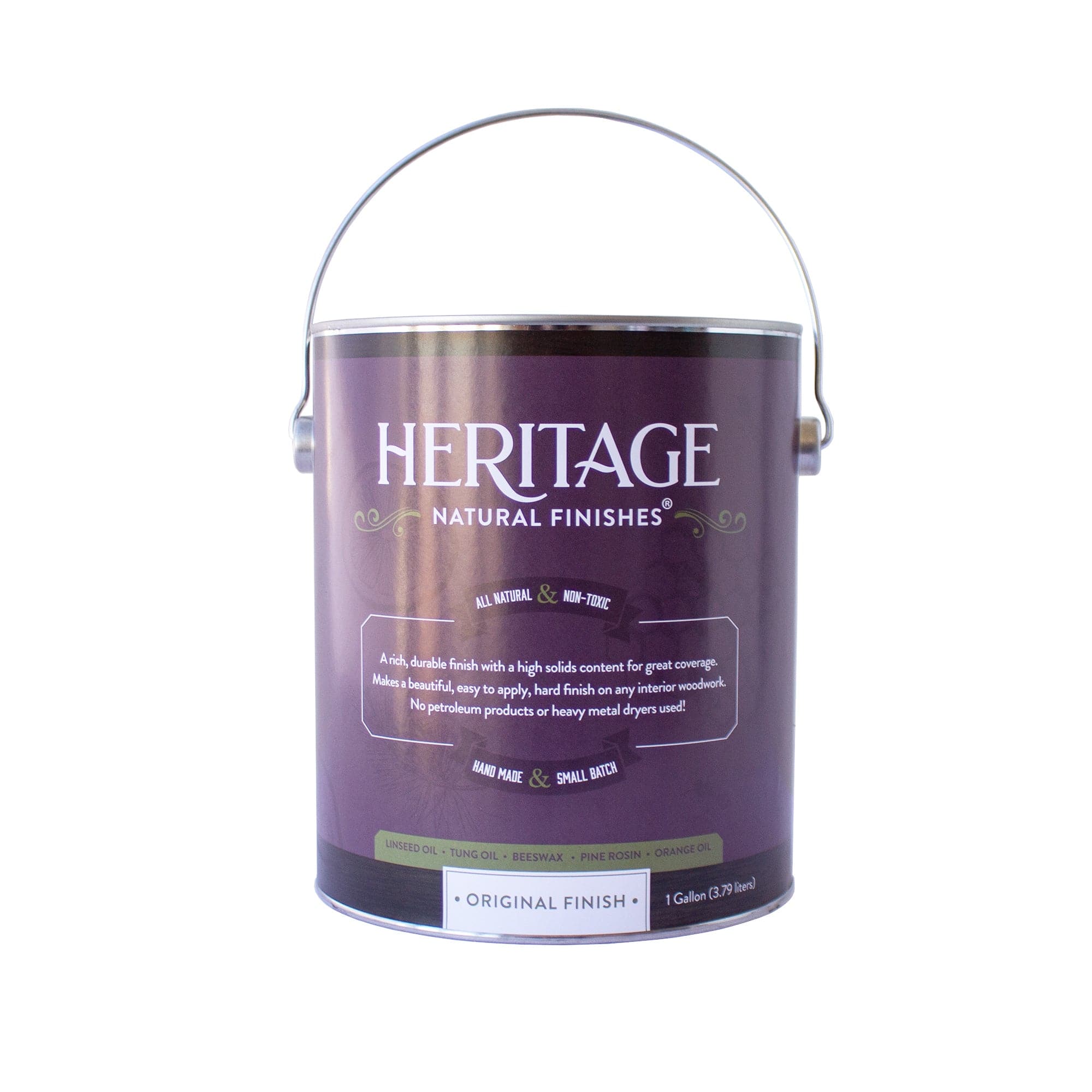 A one-gallon can of HNF Heritage Natural Finishes Oil Select Interior & Exterior displays a purple and white label with detailed product information, emphasizing its water resistance. Additionally, it includes a metal handle at the top.