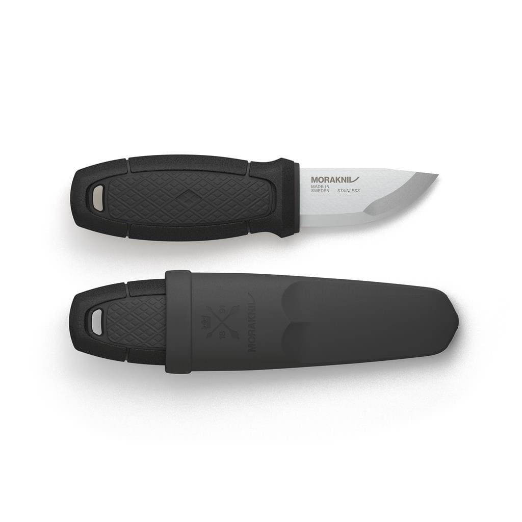 The Mora Eldris Light Duty Knife by Industrial Revolution has a short blade of premium Swedish stainless steel and a black TPE rubber grip, paired with a matching black sheath for secure storage.