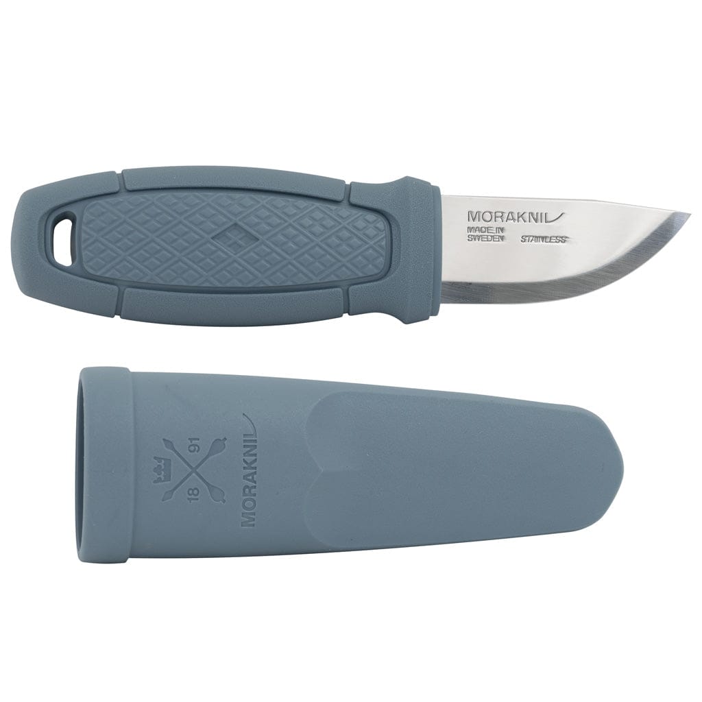 The Mora Eldris Light Duty Knife by Industrial Revolution, with a Swedish stainless steel blade and textured gray TPE rubber grip, is elegantly positioned above its matching gray sheath.