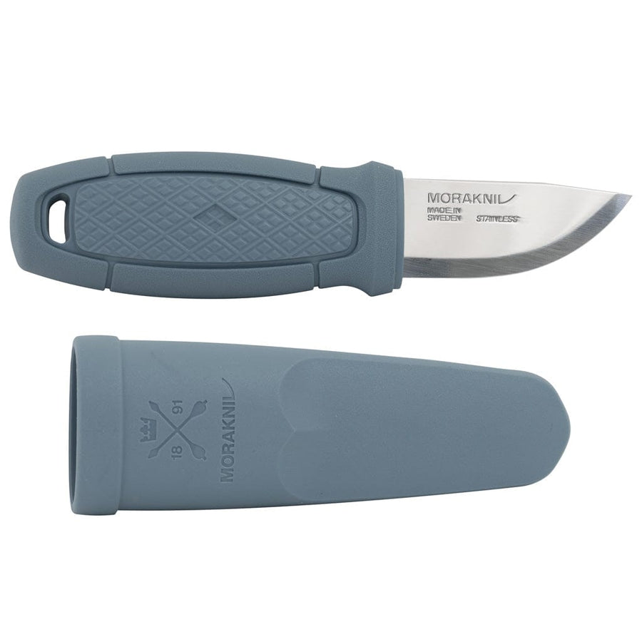 The Mora Eldris Light Duty Knife by Industrial Revolution, with a Swedish stainless steel blade and textured gray TPE rubber grip, is elegantly positioned above its matching gray sheath.
