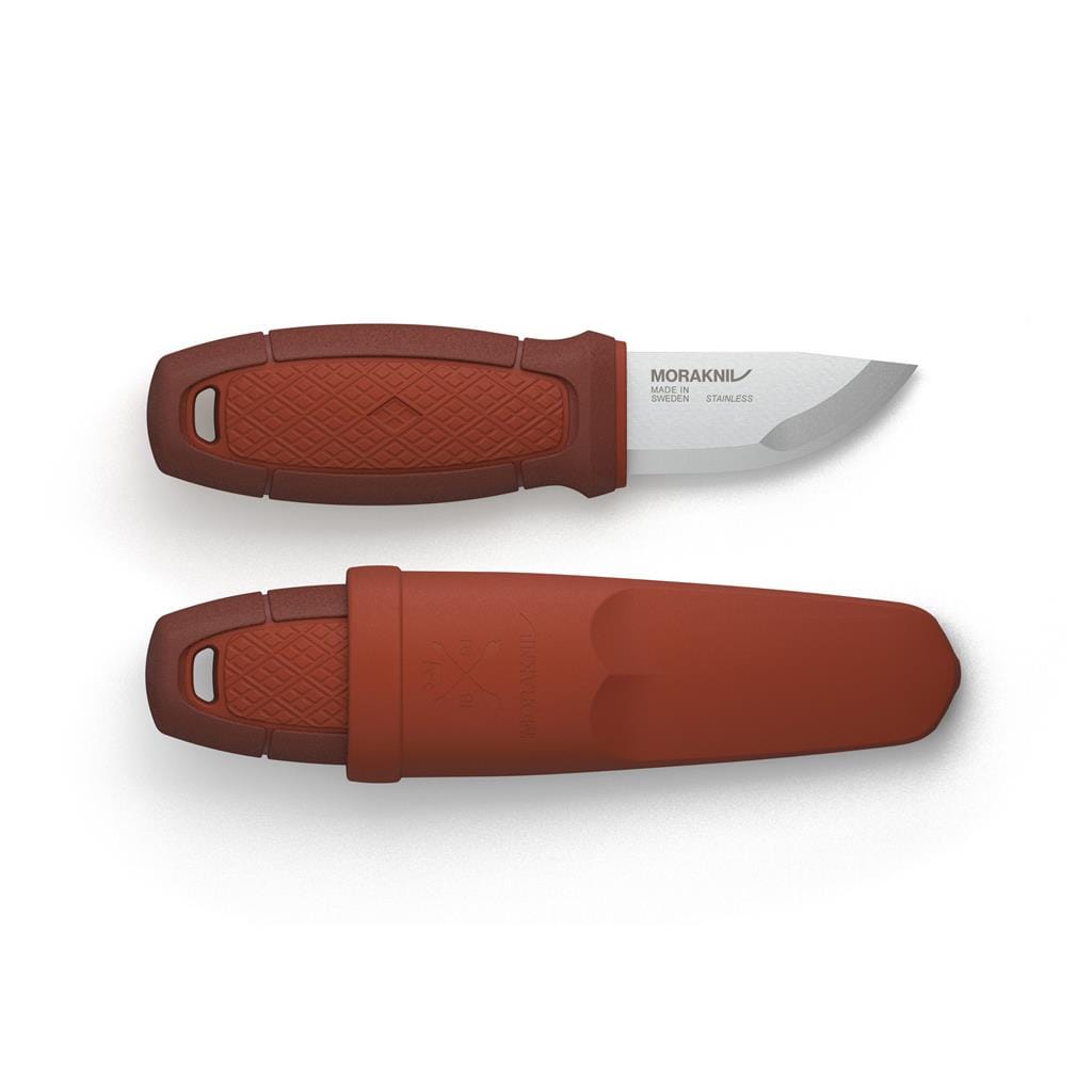 The Mora Eldris Light Duty Knife by Industrial Revolution features a compact design with a red-brown TPE rubber grip and sheath, crafted from Swedish stainless steel. The blade displays "MORAKNIV" branding, ensuring durability and style for diverse tasks.