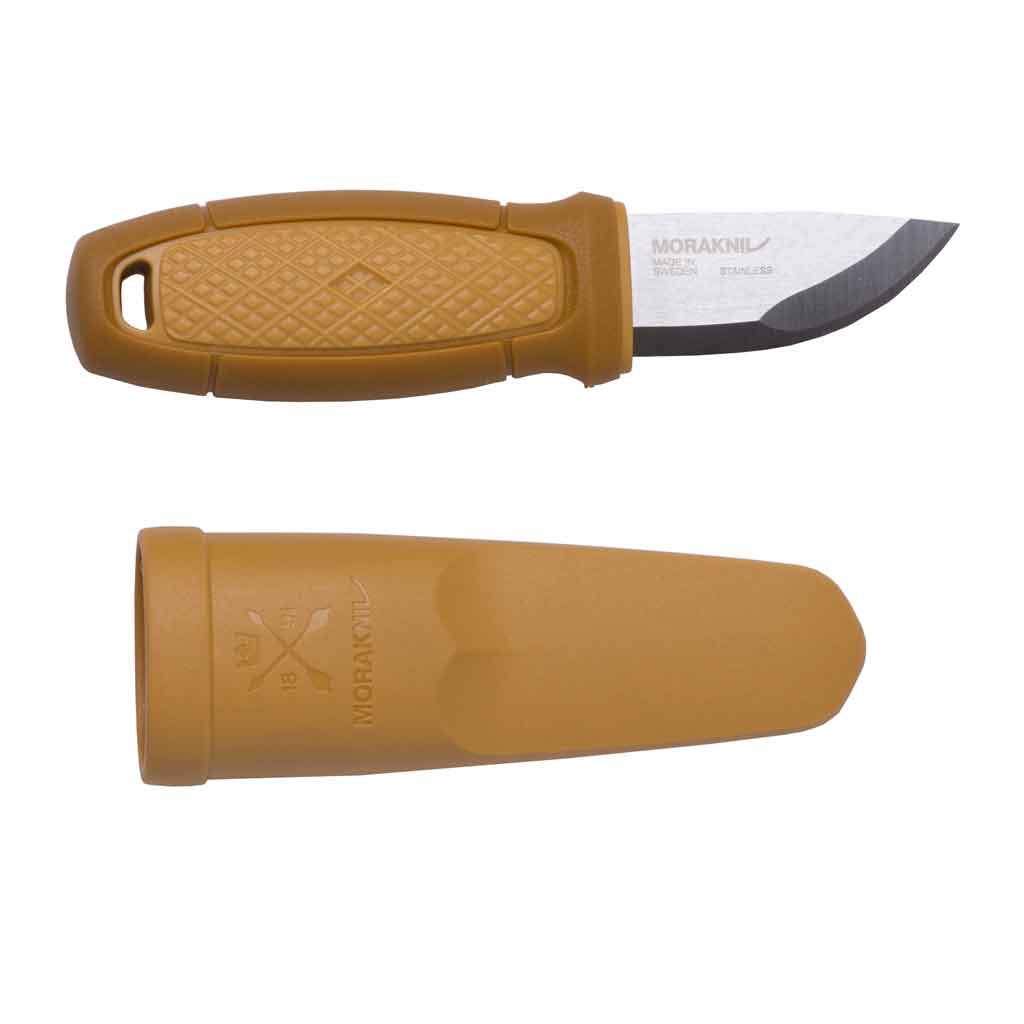 A Mora Eldris Light Duty Knife by Industrial Revolution, featuring a brown TPE rubber grip and straight blade of premium Swedish stainless steel for durability and sharpness, is shown with its matching brown sheath on a white background.