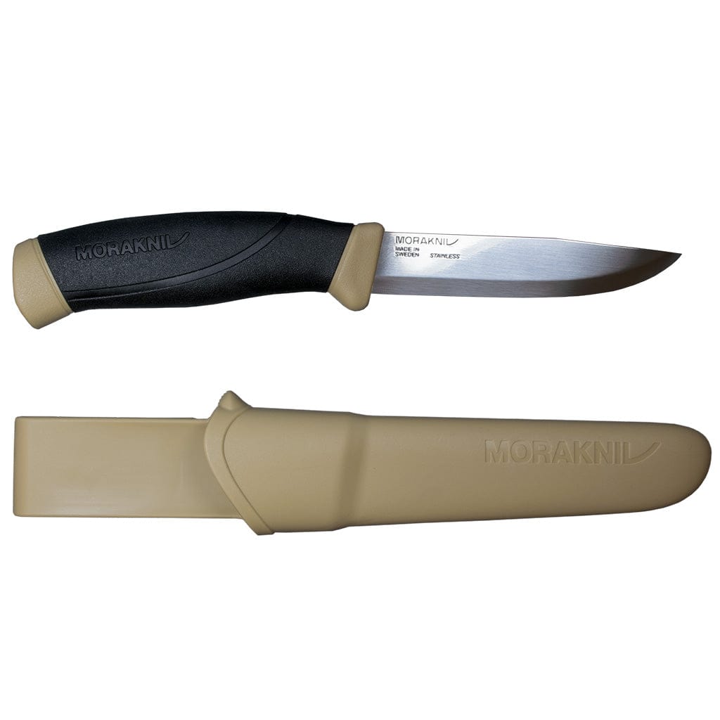 The Companion Adventure Knife by Mora from Industrial Revolution includes an ergonomic black handle, a sleek stainless steel blade, and a matching beige sheath.