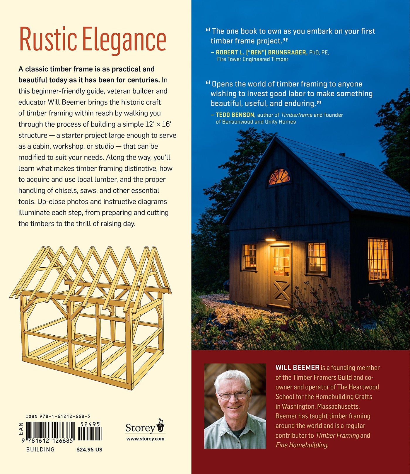 The back cover of Learn to Timber Frame by Ingram Content Group features a 3D illustration of a timber frame, summary text, two endorsements, and author Will Beemer's photo at the bottom.