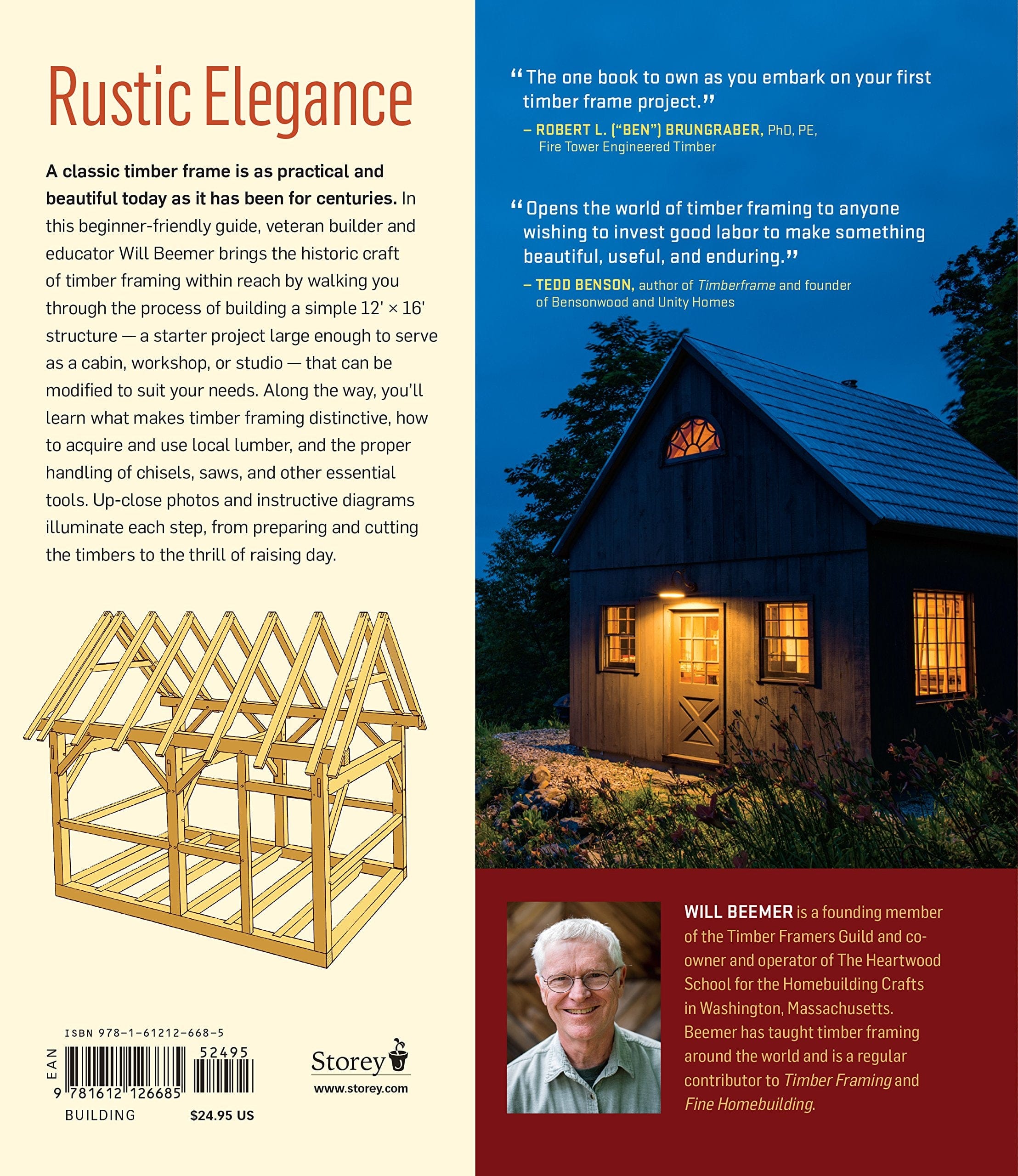 The back cover of Learn to Timber Frame by Ingram Content Group features a 3D illustration of a timber frame, summary text, two endorsements, and author Will Beemer's photo at the bottom.