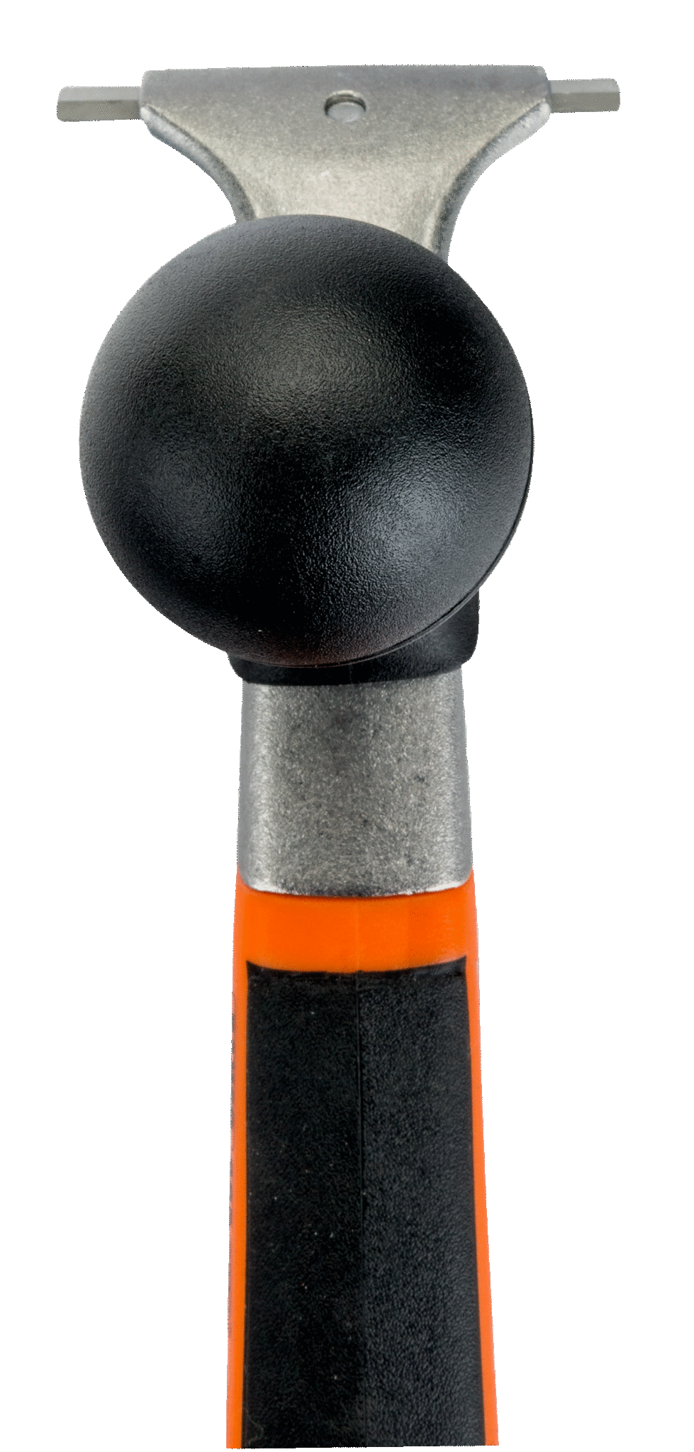 A close-up of the JHW Ergo Scraper 665, showcasing its black and orange design with a spherical handle and durable carbide blades.