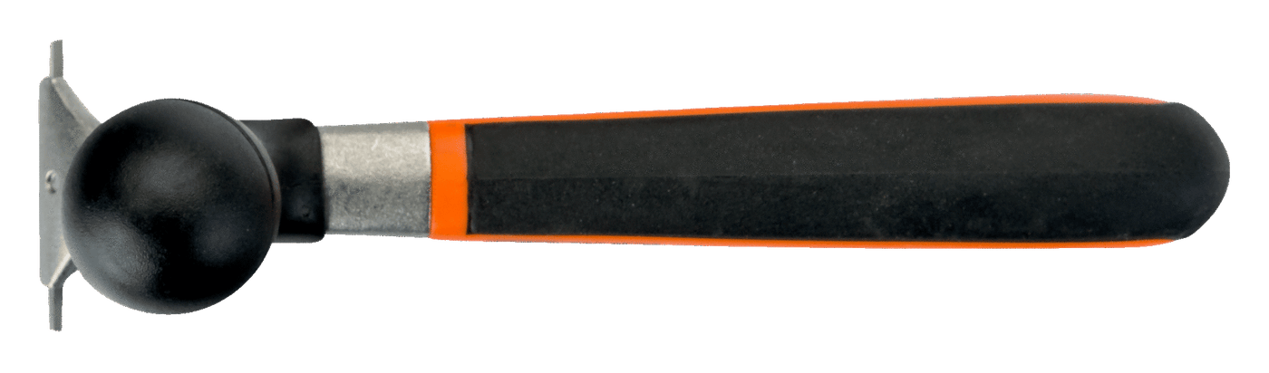 The JHW Ergo Scraper 665 features a black and orange handle with a flat metal end for tucking carpet edges. Inspired by the ERGO process, it ensures comfort during extended use, making it an essential toolkit addition.