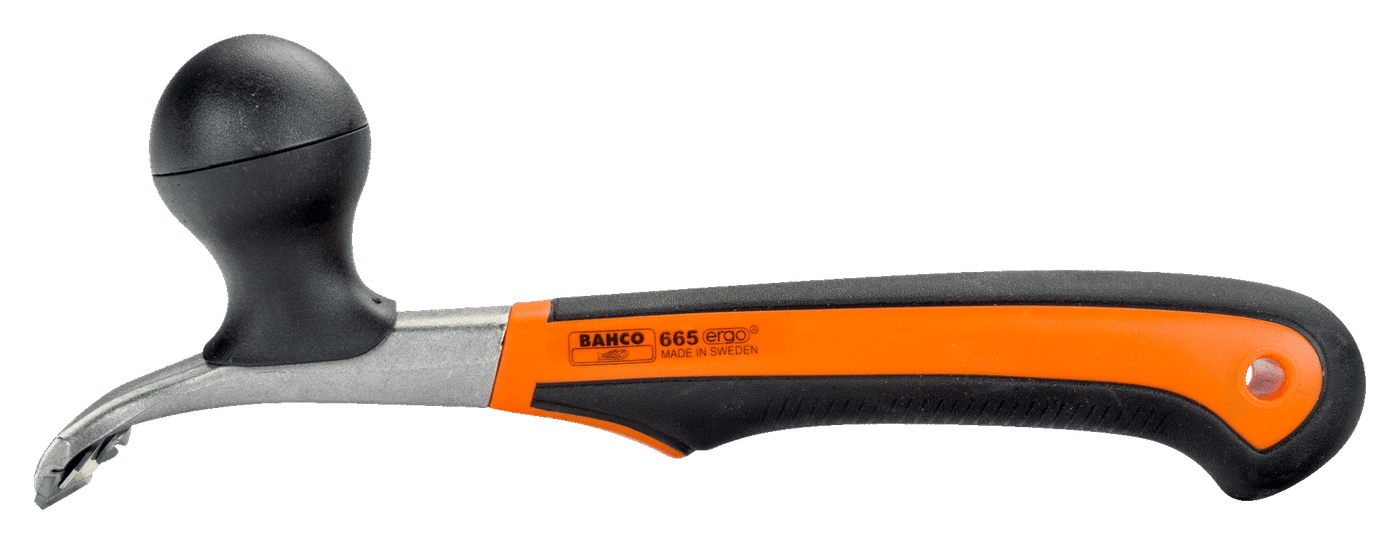 The JHW Ergo Scraper 665 features an orange and black ergonomic handle, a curved metal blade for scraping or cutting, and is crafted with the ERGO process for comfort and precision.