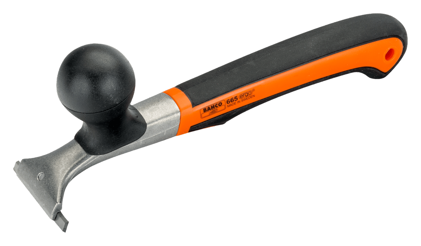 Introducing the JHW Ergo Scraper 665, featuring an ergonomic orange and black handle with a rounded grip for comfort, and a durable flat metal blade ideal for efficient use in the ERGO process.