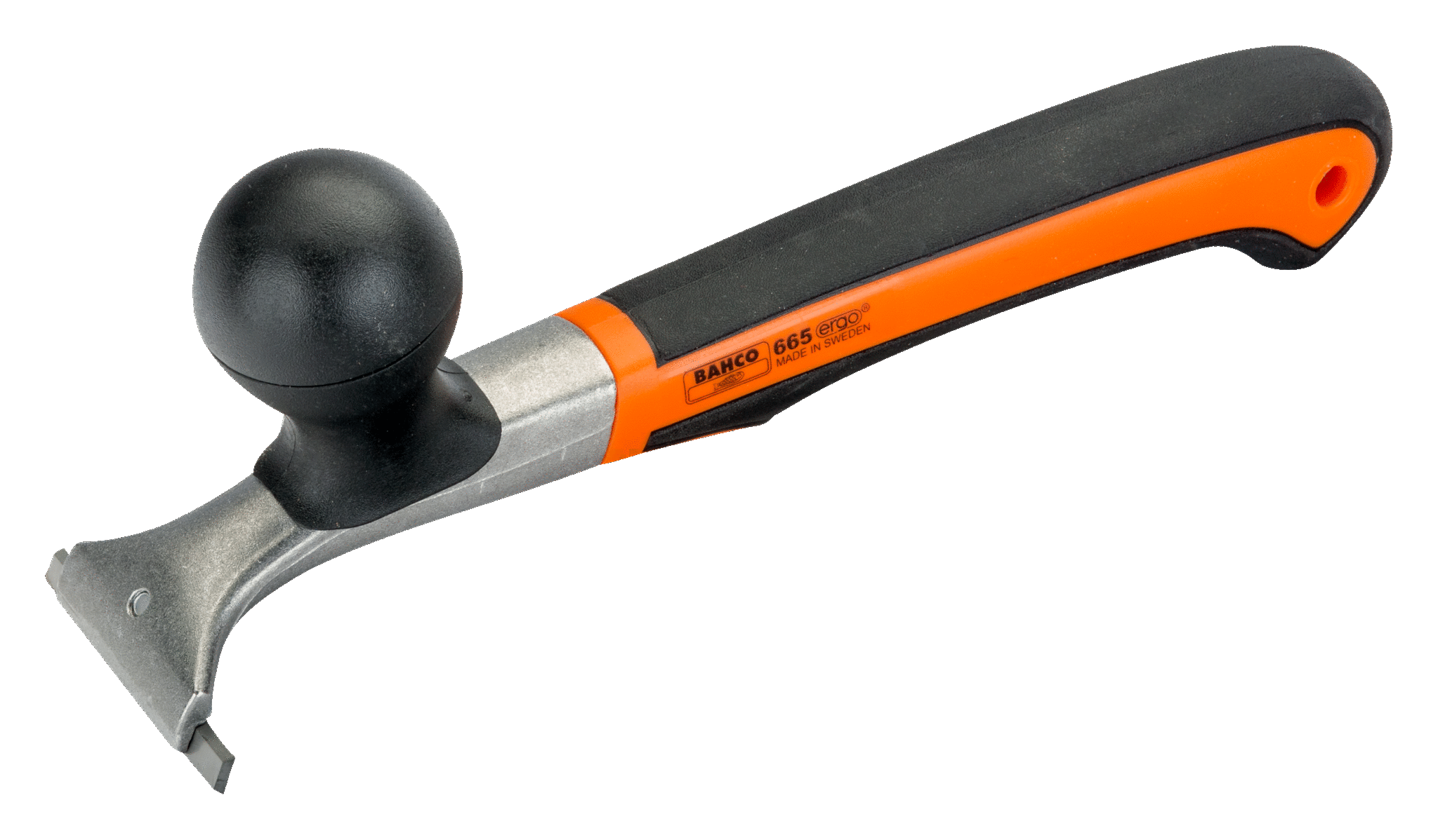 Introducing the JHW Ergo Scraper 665, featuring an ergonomic orange and black handle with a rounded grip for comfort, and a durable flat metal blade ideal for efficient use in the ERGO process.