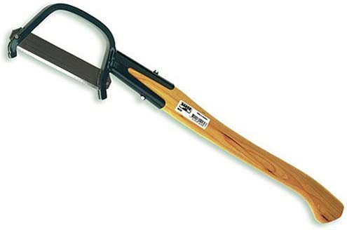 The Bahco Sandvik Clearing Axe by JHW, featuring a curved wooden handle and a metal blade made from premium Swedish steel, is displayed on a white background.