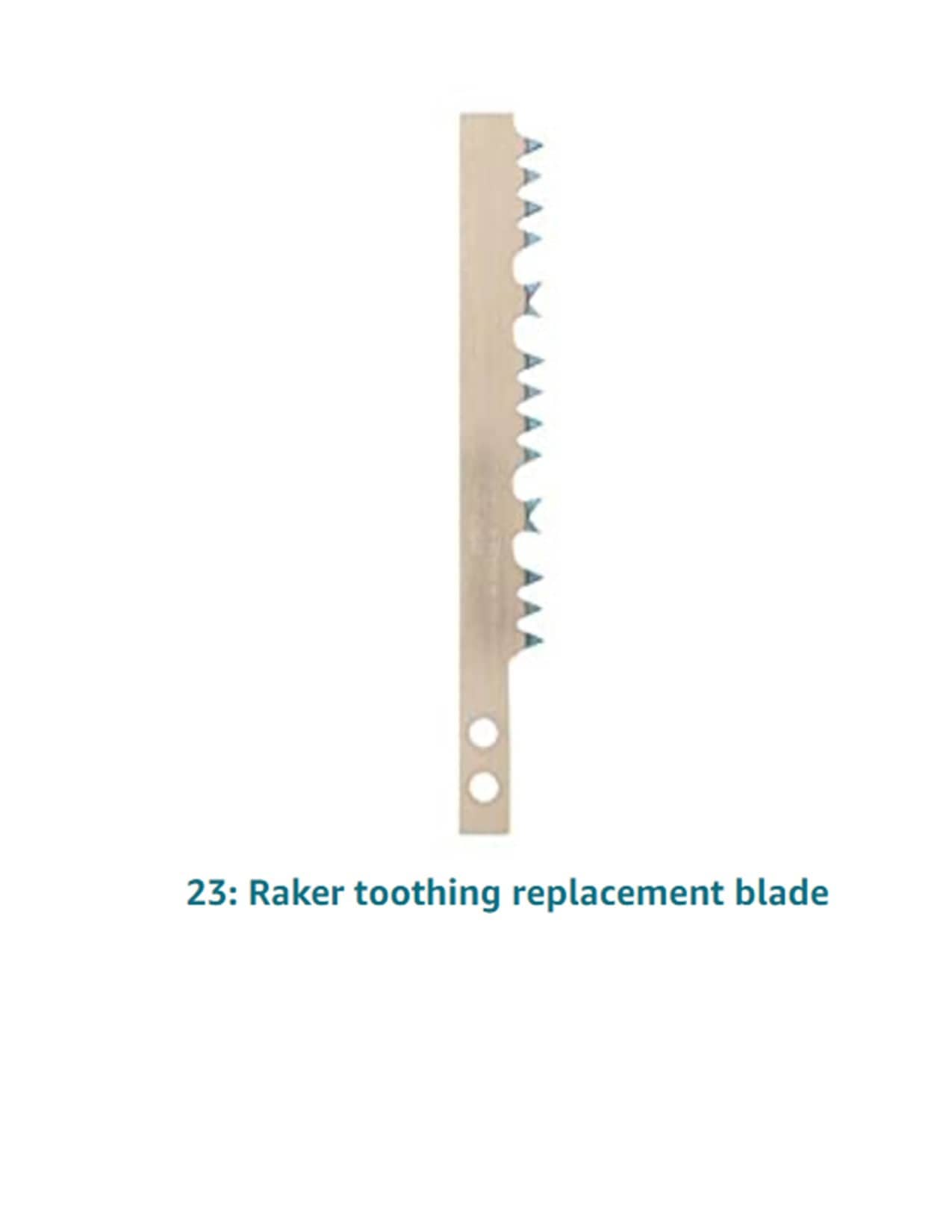 JHW’s Bahco Bow Saw replacement blade showcases multiple teeth and has two strategic holes on one end, all set against a white background.
