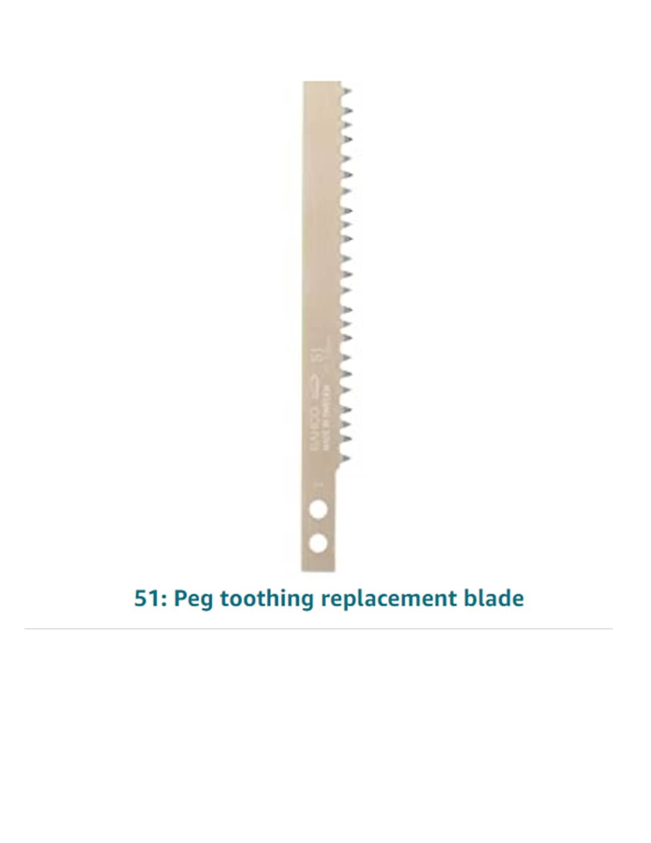 Image of a JHW Bahco Bow Saw peg toothing replacement blade with sharp teeth and two circular holes for attachment, designed to pair seamlessly with an ergonomic handle for optimal performance.