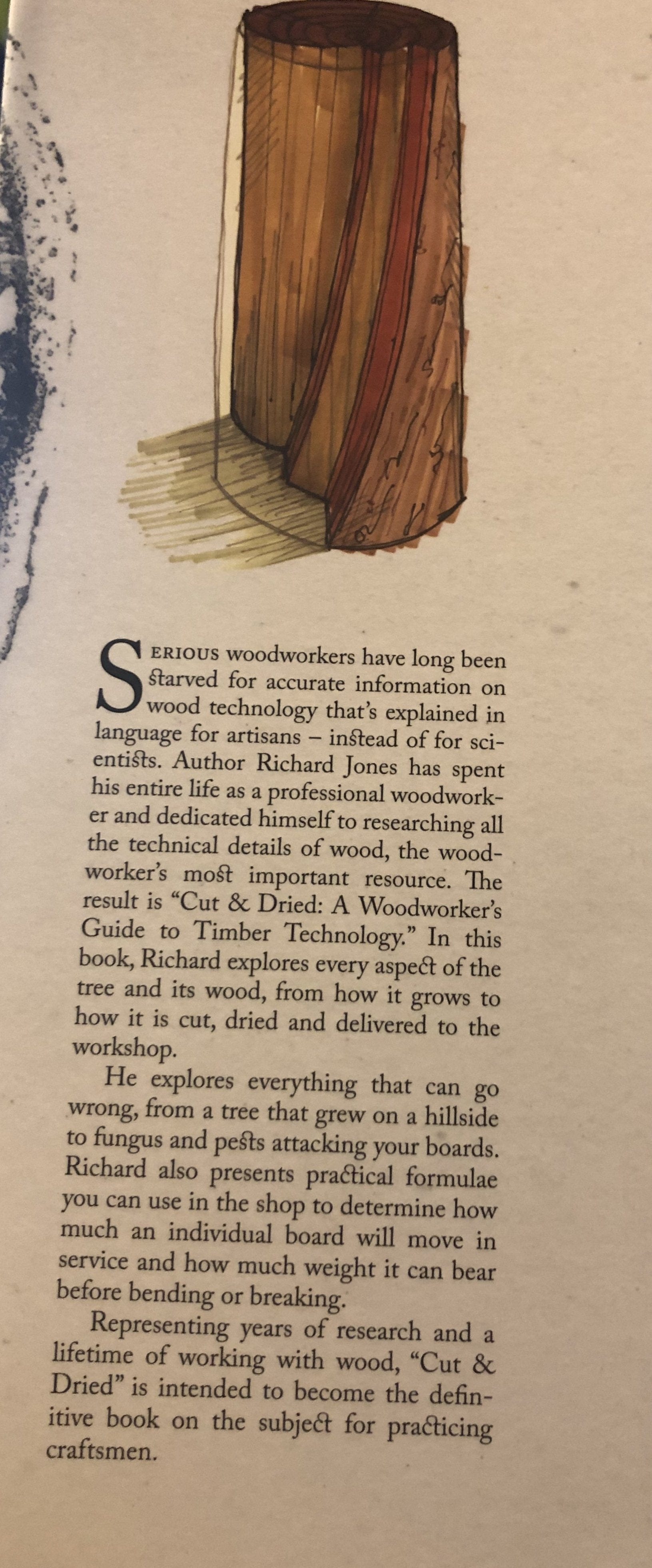 A book page shows a vertical log section illustration. Below, text covers woodworking, wood movement, and introduces Cut & Dried - A Woodworkers Guide to Timber Technology by LAP.