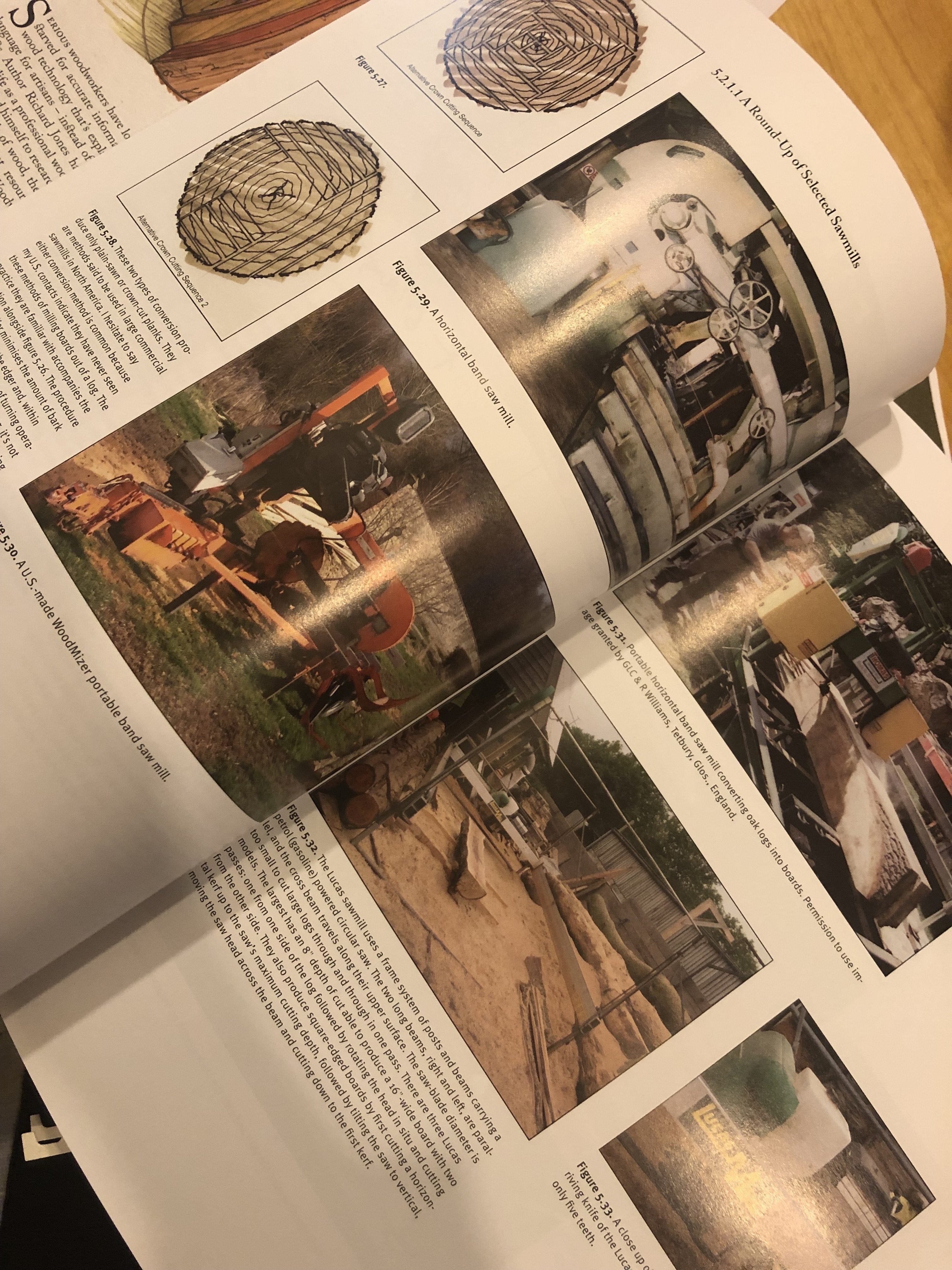 An open book displays text, diagrams of tree rings, and color photos of woodworking and machinery. Cut & Dried: A Woodworkers Guide to Timber Technology by LAP covers woodcutting, wood movement, and includes images of outdoor workshops and sawmills.