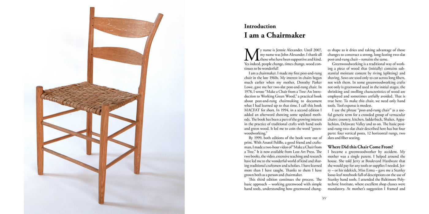 A wooden post-and-rung chair with a woven seat is displayed beside a page from LAPs Make a Chair from a Tree: Third Edition, which introduces the authors green woodworking and chairmaking process.
