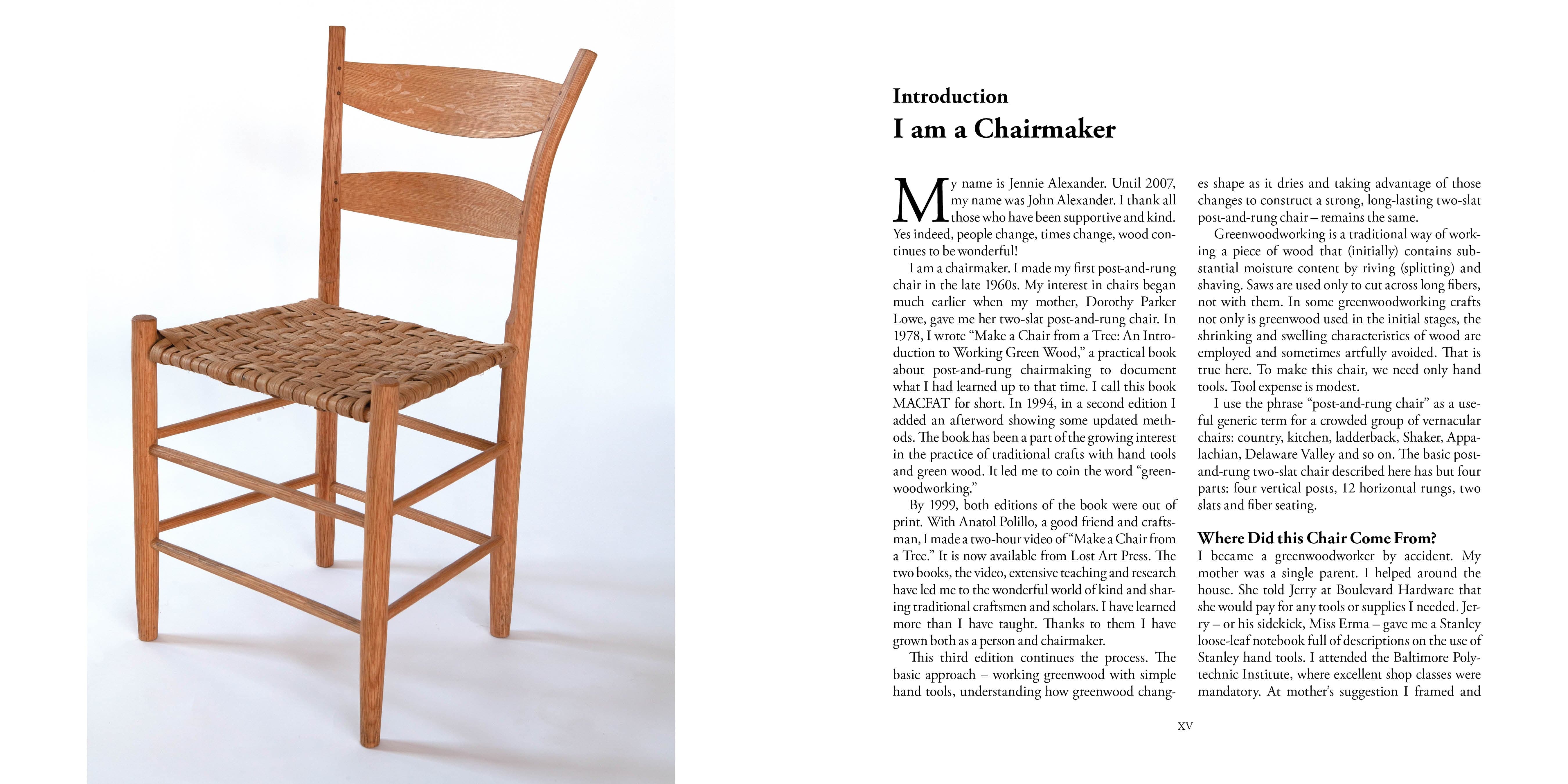 A wooden post-and-rung chair with a woven seat is displayed beside a page from LAPs Make a Chair from a Tree: Third Edition, which introduces the authors green woodworking and chairmaking process.
