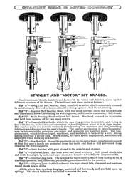 Illustration of Stanley and Victor bit braces, classic hand tools featured in the LAP Stanley Tools Catalogue Number 34, with labeled parts (A, B, C, D, G, H, E, F, P, K). Includes detailed descriptions of features and usage. An essential guide for enthusiasts exploring antique markets.