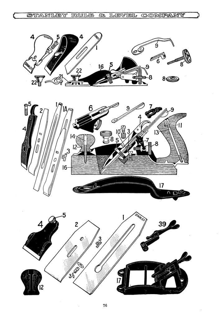 Illustration depicting the labeled components of a hand plane from the Stanley Rule & Level Company, featured in LAP's Stanley Tools Catalogue Number 34. This comprehensive guide details handles, blades, screws, and other parts—ideal for antique market aficionados and collectors of exquisite hand tools.
