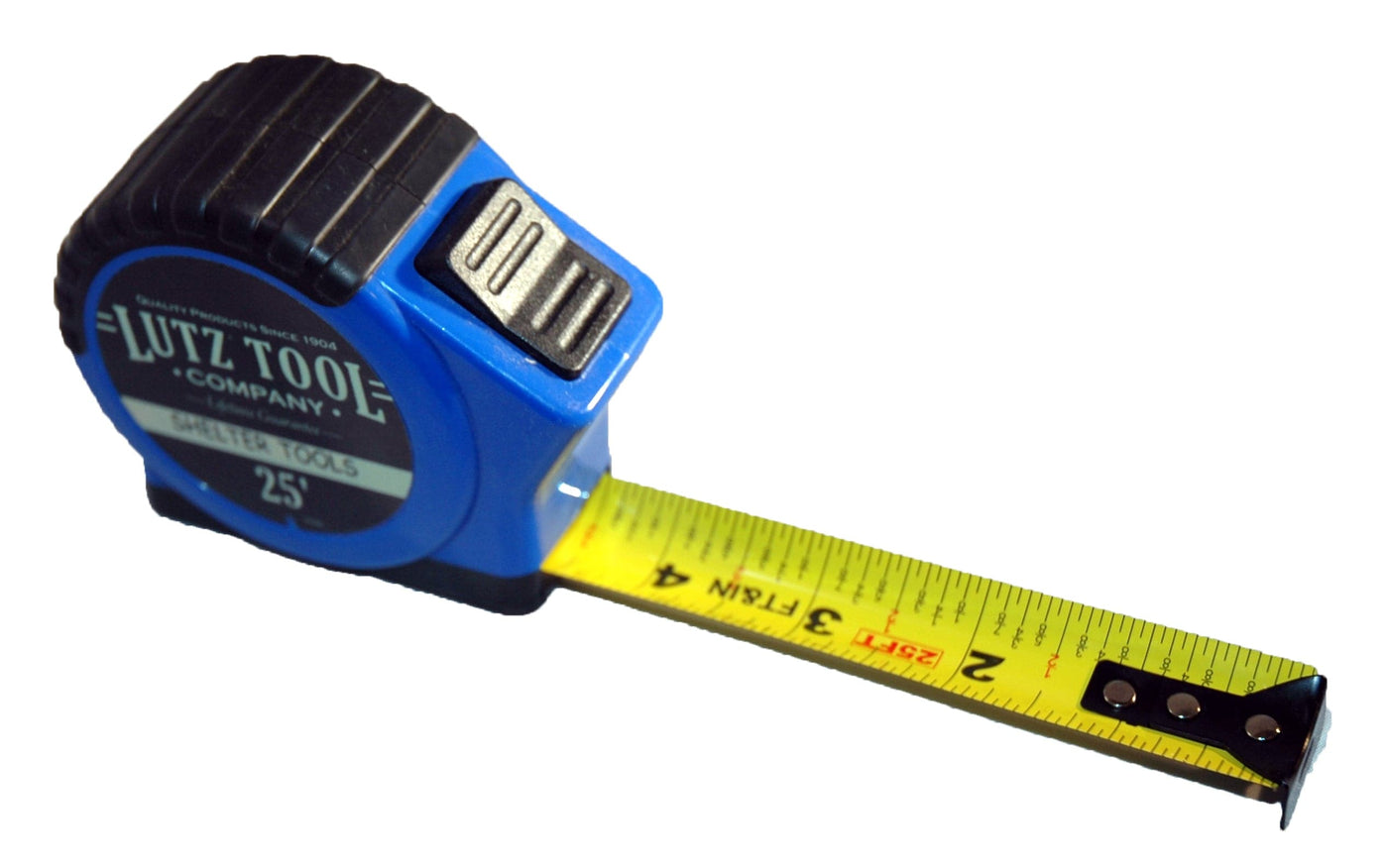 The Shelter Tools Lutz 25-ft Tape Measure by LUT features a durable blue and black design with a yellow tape and black markings for accurate readings.
