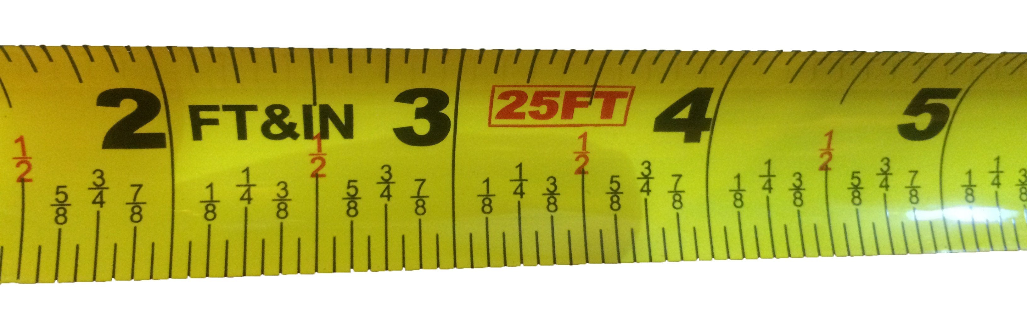 Close-up of the durable Shelter Tools Lutz 25-ft Tape Measure by LUT, featuring markings in feet and inches with numbers 2 to 5 and fractions in red and black for precise reading.