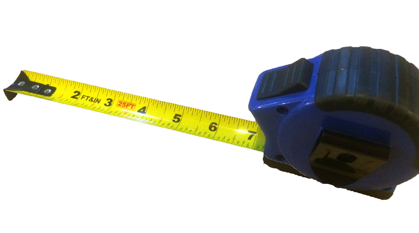The LUT Shelter Tools Lutz 25-ft Tape Measure, in durable blue and black, provides accurate readings extended to 6 inches on a white background.