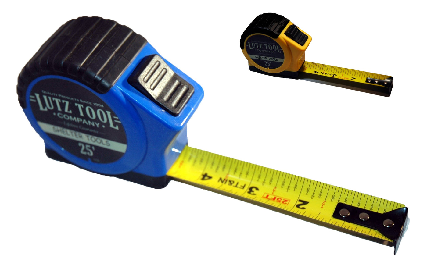The LUT Shelter Tools Lutz 25-ft Tape Measure features extended yellow tape for accurate readings. Its blue and black casing ensures durability, making it perfect for tough tasks with precision. Another model has a smaller size with a black and yellow design.