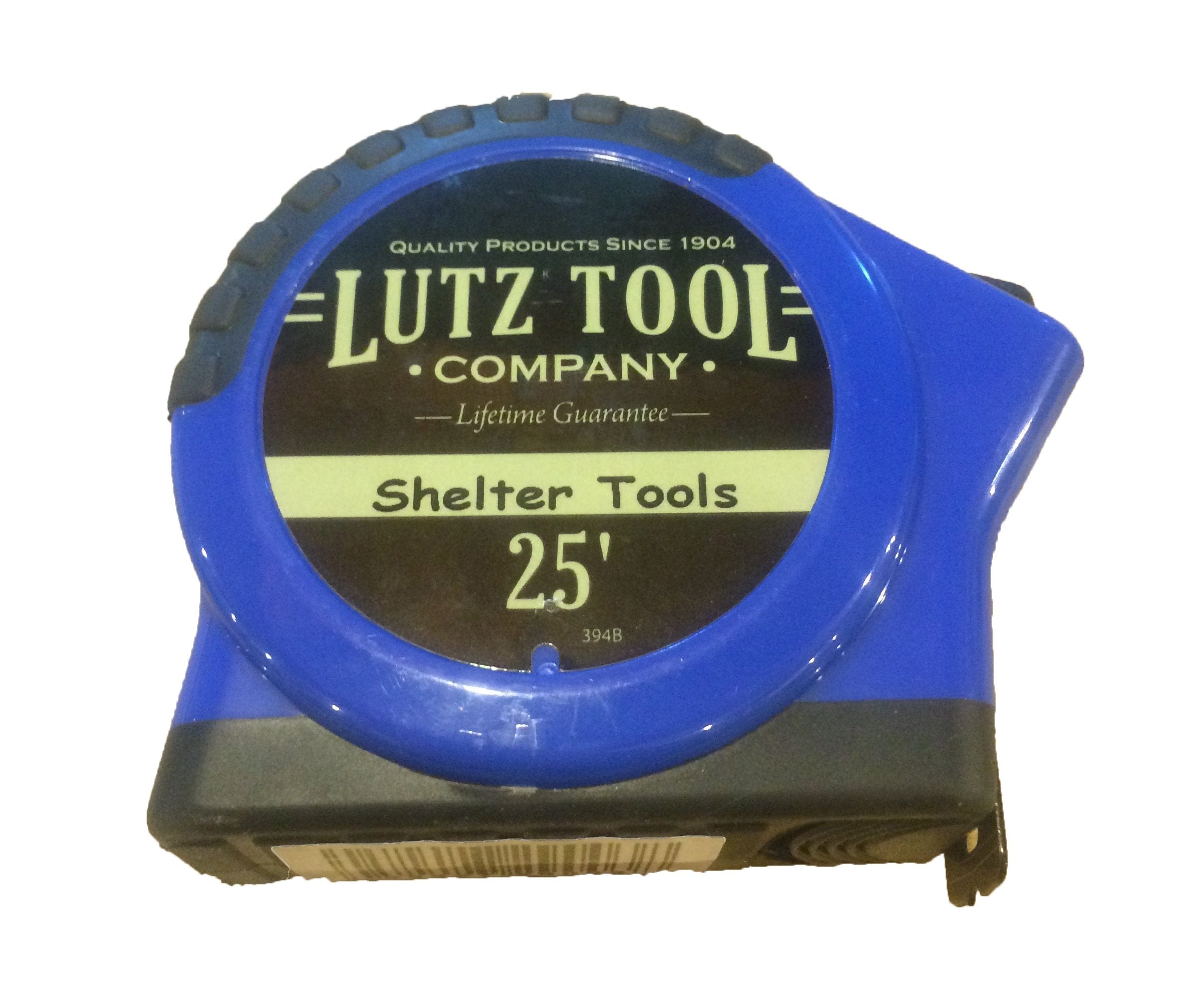 The durable Shelter Tools Lutz 25-ft tape measure by LUT ensures accurate readings and features a "Lifetime Guarantee" label.