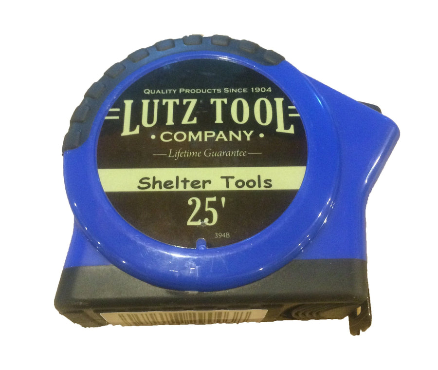The durable Shelter Tools Lutz 25-ft tape measure by LUT ensures accurate readings and features a "Lifetime Guarantee" label.