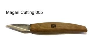 A MARU Magari Carving Knife with a curved high-carbon-steel blade and wooden handle, labeled Cutting 005, displayed on a white background.