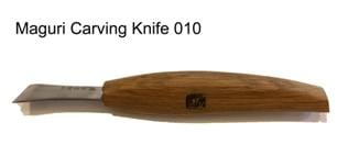 A MARU Magari Carving Knife with a short, angled high-carbon steel blade and wooden handle is shown on a white background. The product name “Magari Carving Knives” appears above the knife—ideal for quality carving enthusiasts.