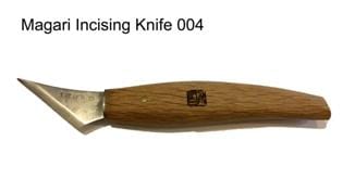 A MARU Magari Carving Knife with a red-oak handle and an angled high-carbon-steel blade is shown against a white background—ideal for carving knife enthusiasts.