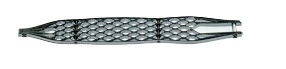 A metallic lattice structure with a narrow, elongated shape and hexagonal pattern, featuring a forked end and small bolts at the corners, resembles the MARU Saw Rasp Replacement Blade with its coarse-tooth pattern.