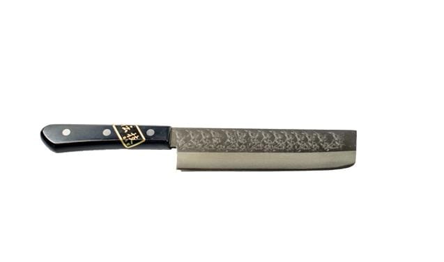 The MARU Usuba Knife, designed in Japan, features a dark Pakkawood handle and a patterned blade, ideal for slicing vegetables, shown on a white background.