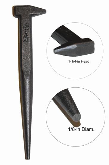 The MARU Japanese Nail Set features a 1-1/4-inch head and 1/8-inch diameter nail, embodying the precision of Japanese tool design, captured in two circular insets to highlight its role in fine carpentry.