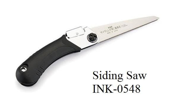 The "Siding Saw INK-0548" by Maru, part of the 6 Siblings Saws series, features a foldable design with a black handle and silver blade made from high carbon steel for durability.