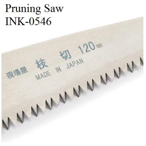 Close-up of a pruning saw blade labeled "INK-0546," showing "MADE IN JAPAN" and "120 mm." This 6 Siblings Saw by INK from Maru features high carbon steel for durability and precision.